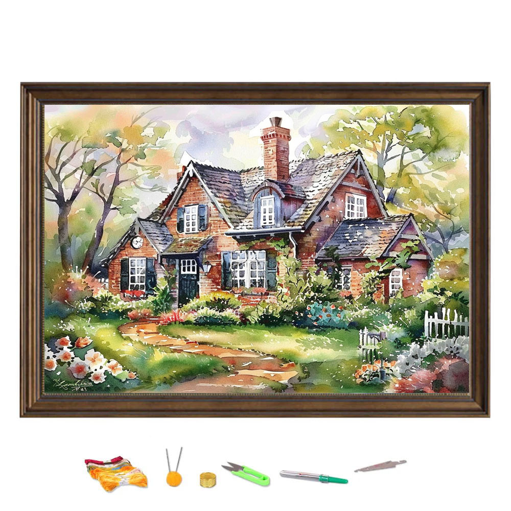 Cotton Embroidery Thread Skeins - Kruissteek Borduurwerk Boshuis Met Schoorsteen Landschap